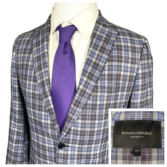 Banana Republic 100% Linen Sport Coat 38R Surgeon Cuffs Blue Plaid Check Blazer - Picture 1 of 16